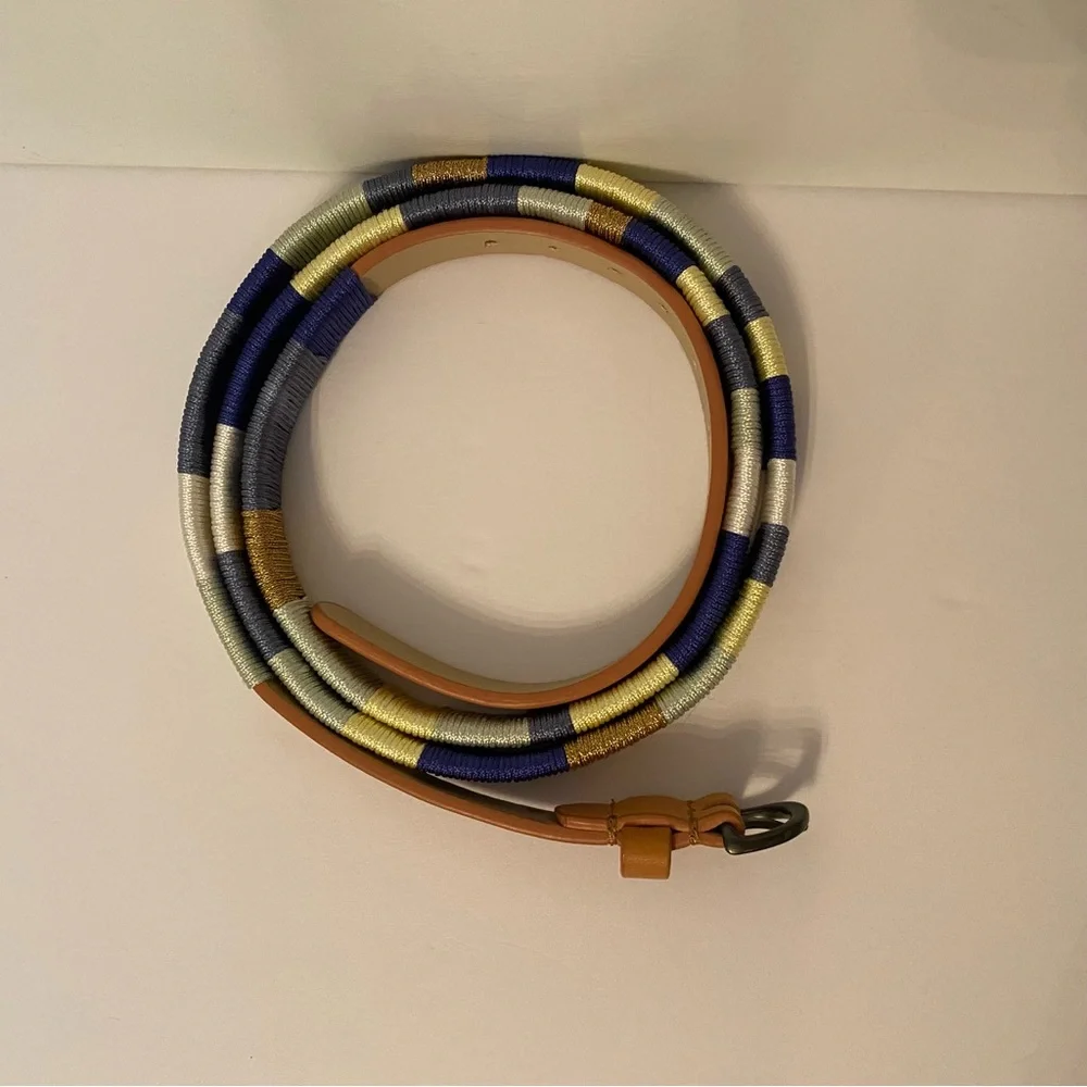 J. CREW BELT SKINNY TAN LEATHER MULTI COLOR WHITE BLUE GREEN THREAD WRAP SIZE L